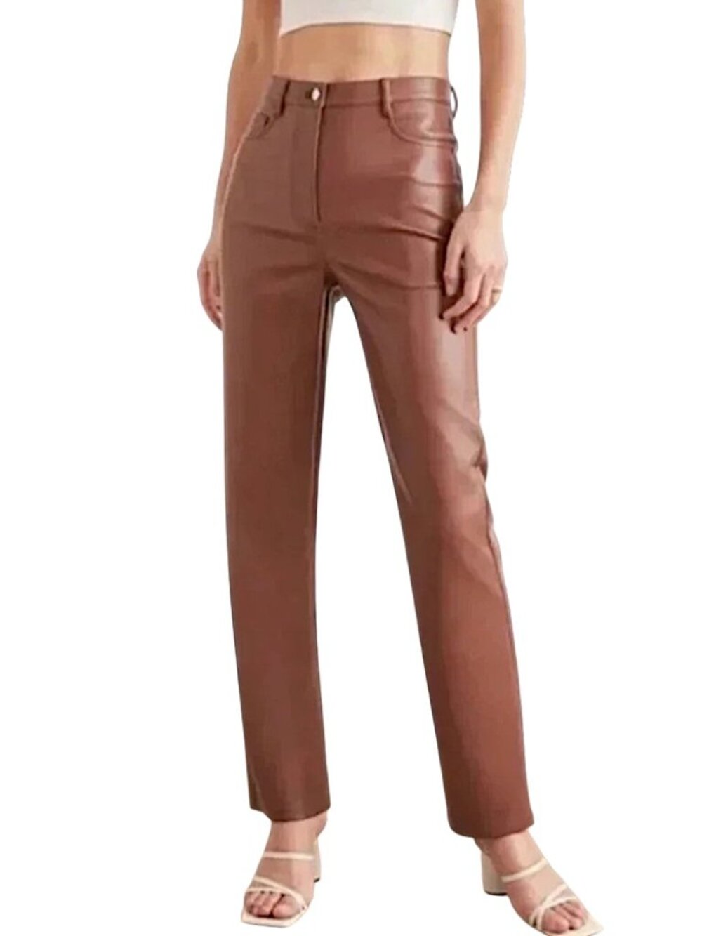 NWOT Aritzia Wilfred Melina Faux Leather Straight Leg Pants 2 Cognac